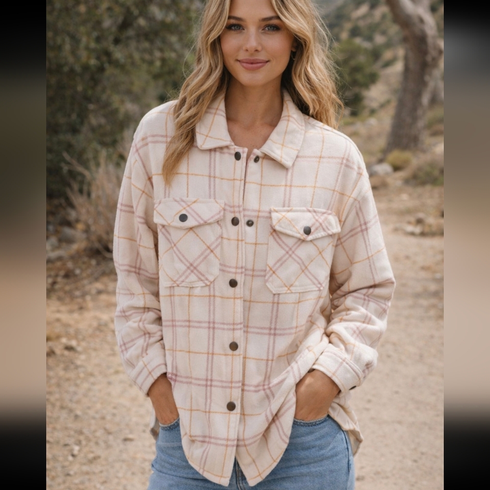 Plaid Utility Shacket in Pale Pink by Apt. 9